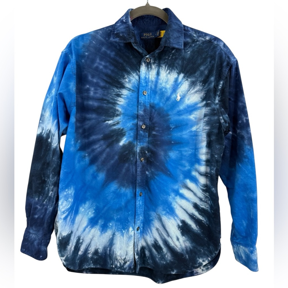 Polo Ralph Lauren Blue Tie Dye Oxford Shirt Logo Button Down Festival Statement - Picture 2 of 12